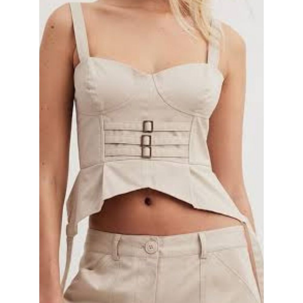 NA-KD Utility Corset Bustier Top Beige Cream Buckle Detail Garter Straps Size 36